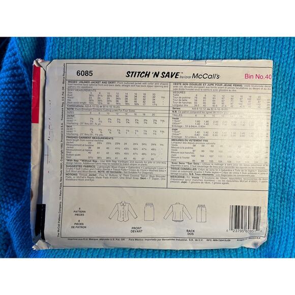 McCalls pattern 6085 suit blazer jacket straight skirt size 6 8 10 12 - Picture 3 of 6